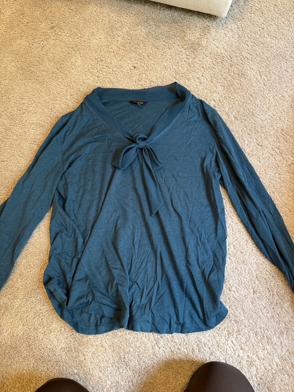 Massimo Dutti Teal Long-Sleeve Tie-Neck Blouse